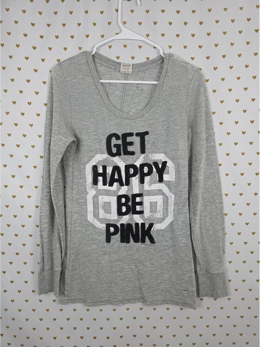 Victorias Secret PINK Thermal Long Sleeve Get Happy BE Pink Shirt Large
